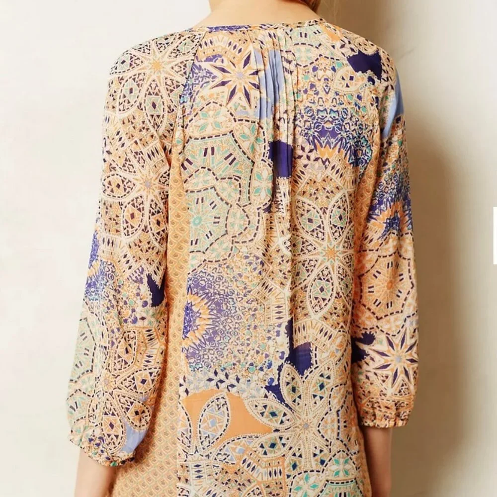 Anthropologie Meadow Rue Peach Lace Inset Tie Neck Sheer Boho Tunic Blouse XS - Picture 2 of 8